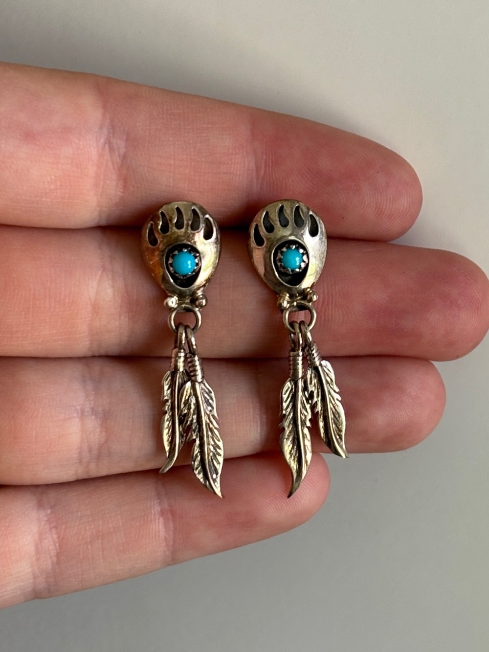 Running Bear Navajo Sterling Silver Bear Paw Earrings With Feather Dangles